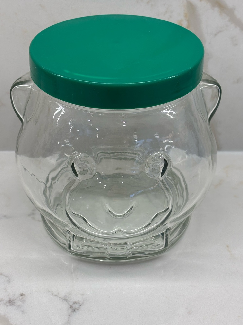 Vintage 1989 Kraft Peanut Butter Clear Glass Bear Head Shaped Jar with Lid
